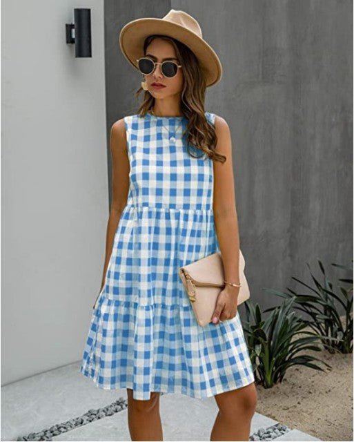 Dresses For Women Summer Casual Loose Plaid Print Ruffled Midi Dress Sleeveless Vintage Ladies Dress Vacation Sundress