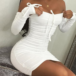 goosudu Spring Summer Fashion Solid Party Sexy Slim Dresses Women Elegant Long Sleeve Ruched Club Dress Mini Tight Strapless