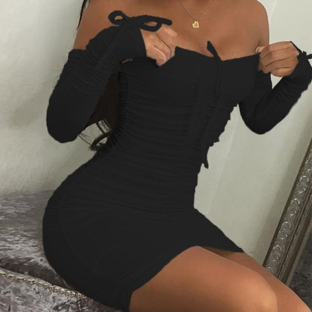 goosudu Spring Summer Fashion Solid Party Sexy Slim Dresses Women Elegant Long Sleeve Ruched Club Dress Mini Tight Strapless