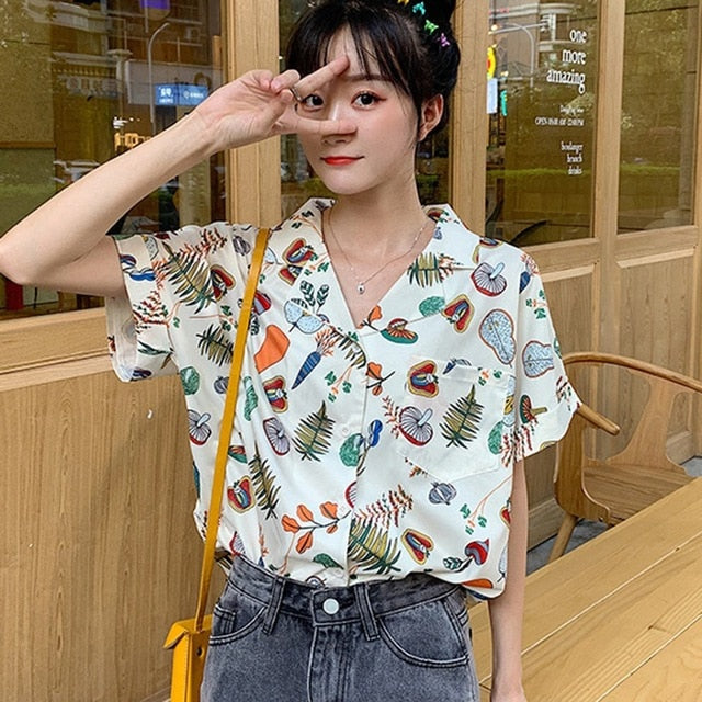 Spring Summer Vintage Print Female Blouse Autumn Fashion Loose Long Sleeve Shirts V Neck Women Tops