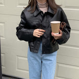 goosudu New Women Spring Autumn Black Faux Leather Bomber Jackets Button Up Basic Short Coat Turn-Down Collar Motor Biker Jacket T0D610C