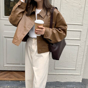 goosudu New Women Spring Autumn Black Faux Leather Bomber Jackets Button Up Basic Short Coat Turn-Down Collar Motor Biker Jacket T0D610C