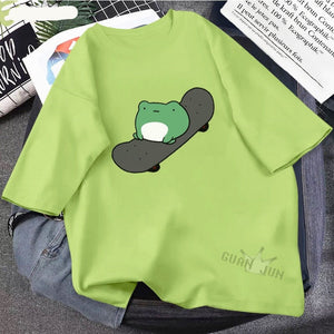 Skateboard Frog Dinosaur Cute Graphic Tee Women Tshirt Green Aesthetic Oversized T Shirt Harajuku Casual Summer Tops