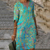 goosudu Vintage Printing Women Dress V-Neck Half Sleeve A-Line Dresses Casual  Fashion Spring Female Loose Sundress Lady Vestidos