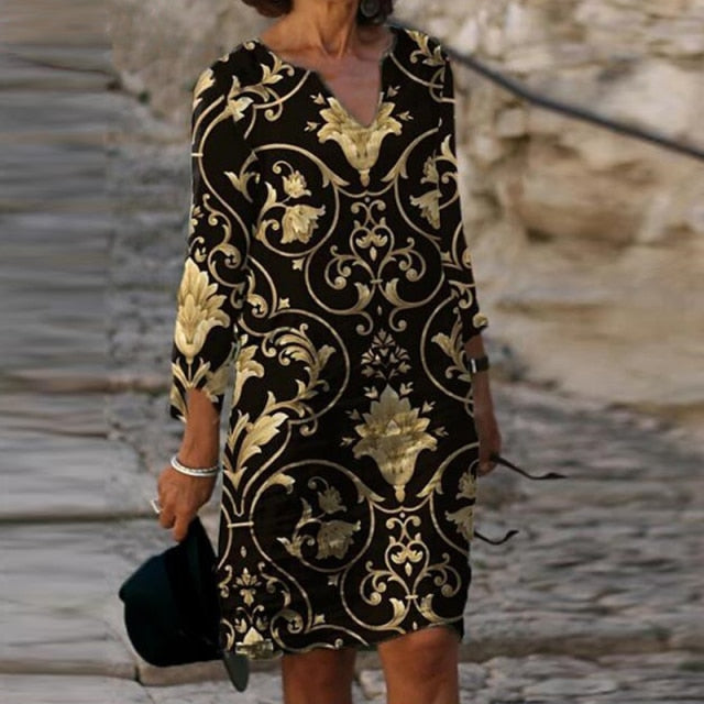 goosudu Vintage Printing Women Dress V-Neck Half Sleeve A-Line Dresses Casual  Fashion Spring Female Loose Sundress Lady Vestidos