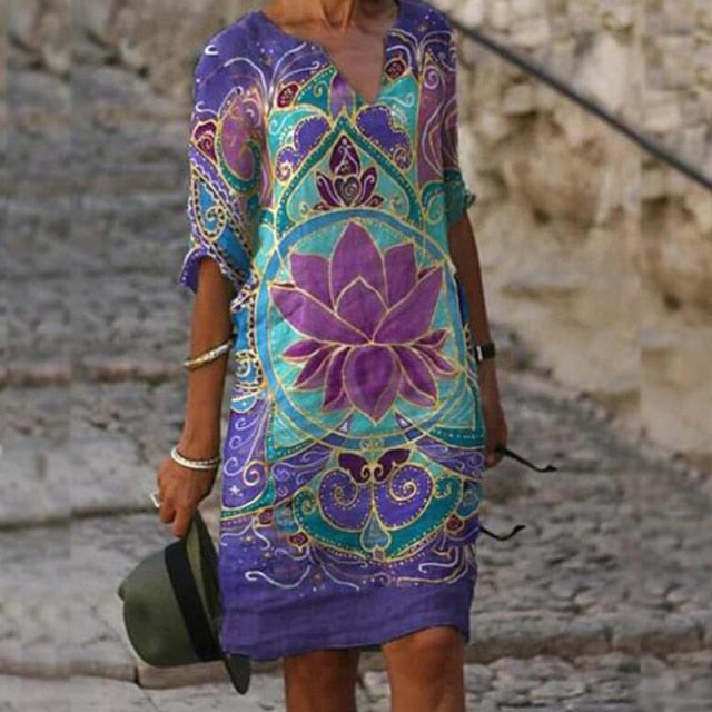 goosudu Vintage Printing Women Dress V-Neck Half Sleeve A-Line Dresses Casual  Fashion Spring Female Loose Sundress Lady Vestidos