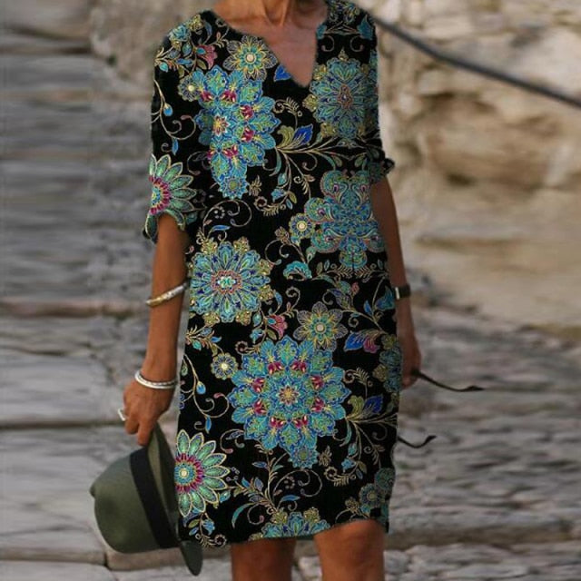 goosudu Vintage Printing Women Dress V-Neck Half Sleeve A-Line Dresses Casual  Fashion Spring Female Loose Sundress Lady Vestidos