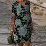 goosudu Vintage Printing Women Dress V-Neck Half Sleeve A-Line Dresses Casual  Fashion Spring Female Loose Sundress Lady Vestidos