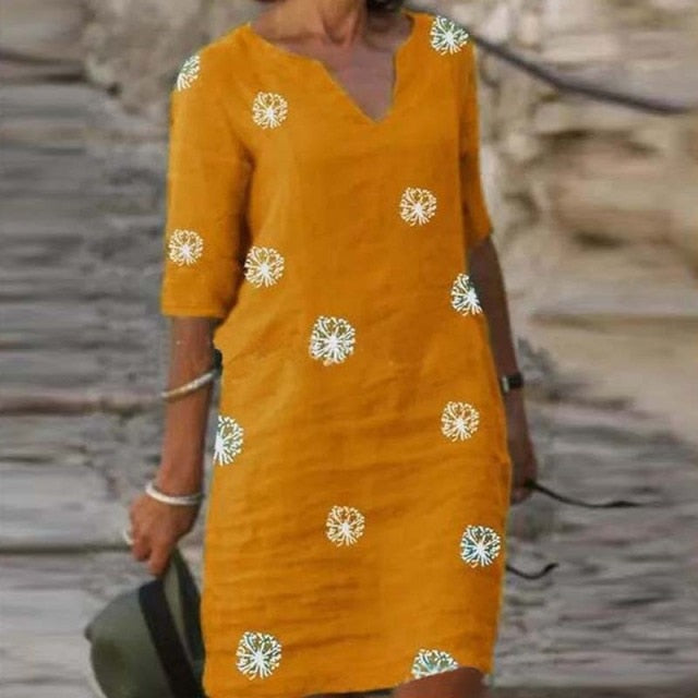goosudu Vintage Printing Women Dress V-Neck Half Sleeve A-Line Dresses Casual  Fashion Spring Female Loose Sundress Lady Vestidos