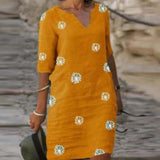 goosudu Vintage Printing Women Dress V-Neck Half Sleeve A-Line Dresses Casual  Fashion Spring Female Loose Sundress Lady Vestidos