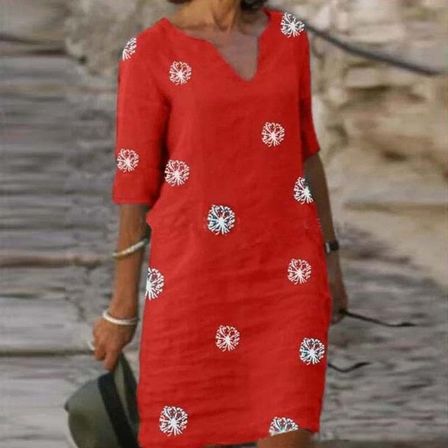 goosudu Vintage Printing Women Dress V-Neck Half Sleeve A-Line Dresses Casual  Fashion Spring Female Loose Sundress Lady Vestidos
