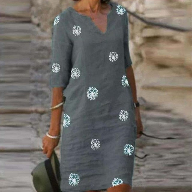 goosudu Vintage Printing Women Dress V-Neck Half Sleeve A-Line Dresses Casual  Fashion Spring Female Loose Sundress Lady Vestidos