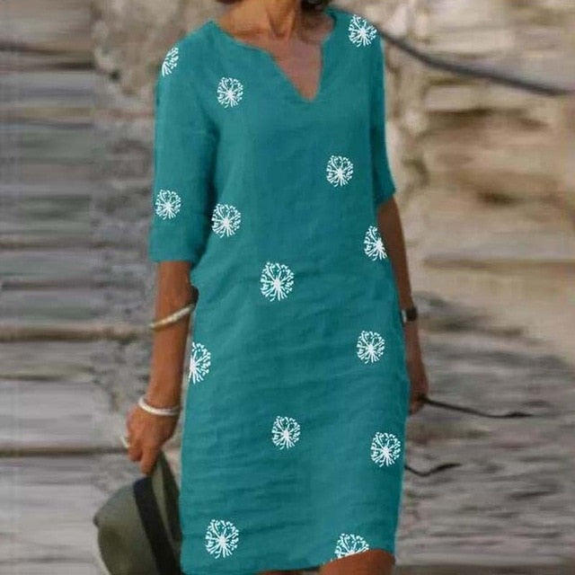 goosudu Vintage Printing Women Dress V-Neck Half Sleeve A-Line Dresses Casual  Fashion Spring Female Loose Sundress Lady Vestidos