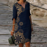 goosudu Vintage Printing Women Dress V-Neck Half Sleeve A-Line Dresses Casual  Fashion Spring Female Loose Sundress Lady Vestidos