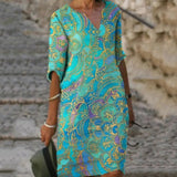 goosudu Vintage Printing Women Dress V-Neck Half Sleeve A-Line Dresses Casual  Fashion Spring Female Loose Sundress Lady Vestidos