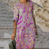 goosudu Vintage Printing Women Dress V-Neck Half Sleeve A-Line Dresses Casual  Fashion Spring Female Loose Sundress Lady Vestidos