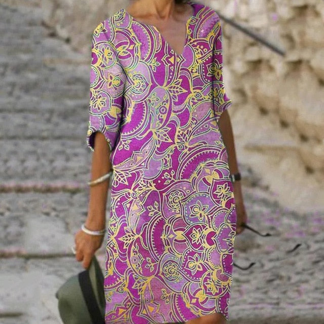 goosudu Vintage Printing Women Dress V-Neck Half Sleeve A-Line Dresses Casual  Fashion Spring Female Loose Sundress Lady Vestidos