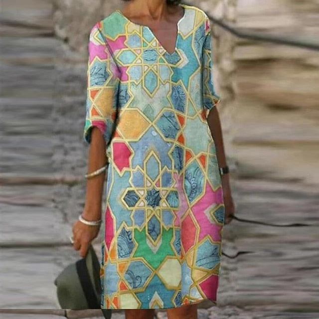 goosudu Vintage Printing Women Dress V-Neck Half Sleeve A-Line Dresses Casual  Fashion Spring Female Loose Sundress Lady Vestidos