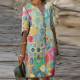 goosudu Vintage Printing Women Dress V-Neck Half Sleeve A-Line Dresses Casual  Fashion Spring Female Loose Sundress Lady Vestidos