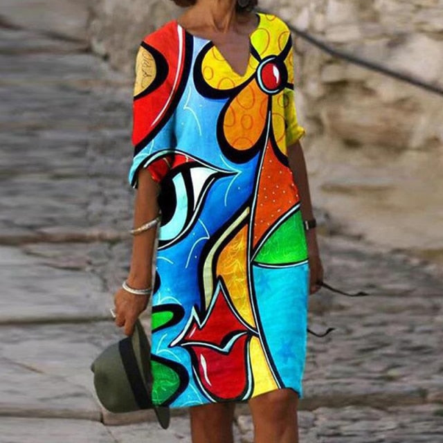 goosudu Vintage Printing Women Dress V-Neck Half Sleeve A-Line Dresses Casual  Fashion Spring Female Loose Sundress Lady Vestidos