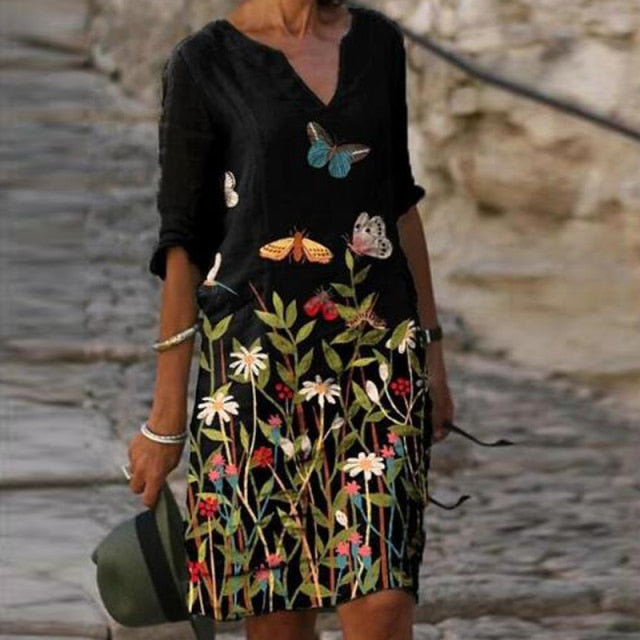goosudu Vintage Printing Women Dress V-Neck Half Sleeve A-Line Dresses Casual  Fashion Spring Female Loose Sundress Lady Vestidos
