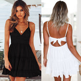 Women White Lace Halter Sexy Dress Summer Sleeveless Boho Mini Strappy Dresses Female Beach V Neck Solid Color Party Sundress