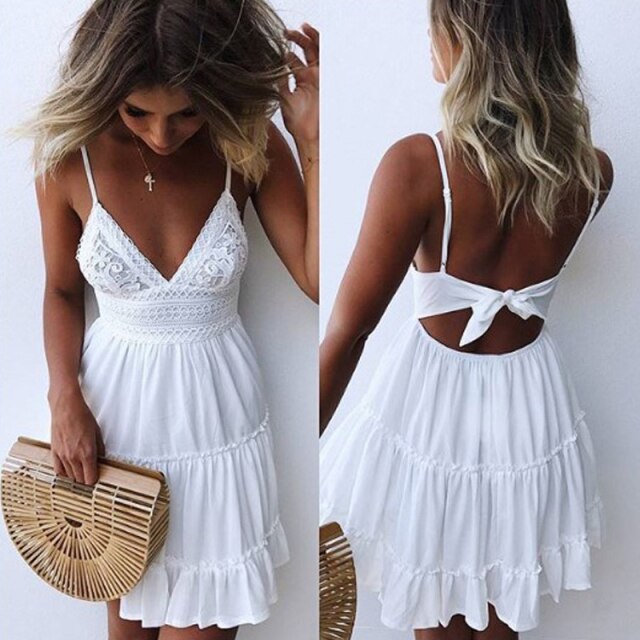 Women White Lace Halter Sexy Dress Summer Sleeveless Boho Mini Strappy Dresses Female Beach V Neck Solid Color Party Sundress