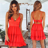 Women White Lace Halter Sexy Dress Summer Sleeveless Boho Mini Strappy Dresses Female Beach V Neck Solid Color Party Sundress