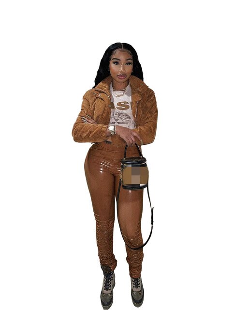 RT Casual Women PU Leather Pants Buttons Zippers Slit Long Legs Glossy Faux Leather Trousers Skinny High Street Outdoor Wears