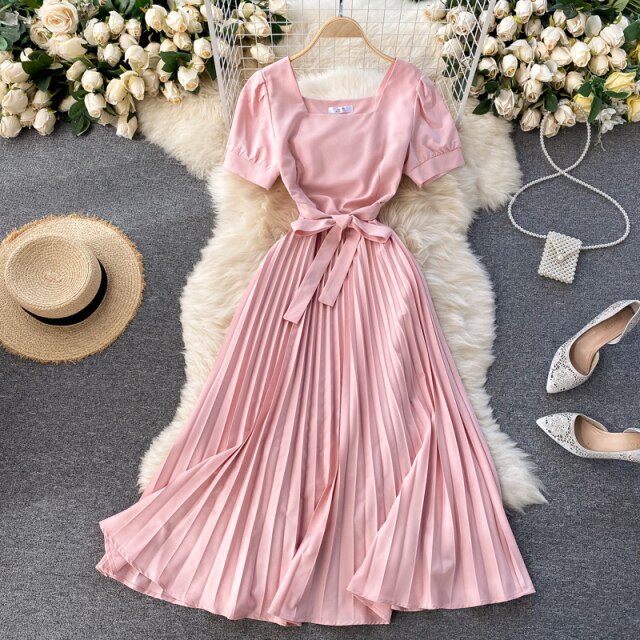 Vintage French Short Sleeve Women Dress Square Collar High Waist Belt Pleated Dresses Female Elegant Clothes Summer Coisini