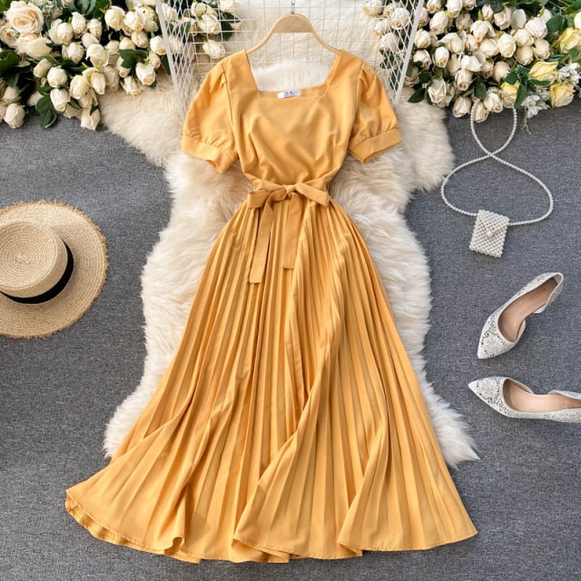 Vintage French Short Sleeve Women Dress Square Collar High Waist Belt Pleated Dresses Female Elegant Clothes Summer Coisini