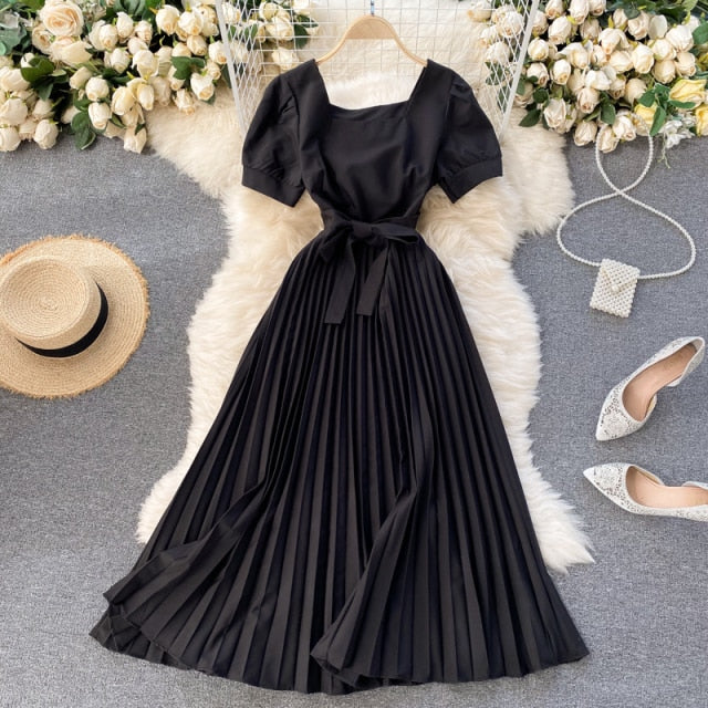 Vintage French Short Sleeve Women Dress Square Collar High Waist Belt Pleated Dresses Female Elegant Clothes Summer Coisini