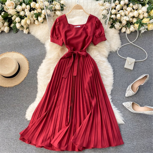 Vintage French Short Sleeve Women Dress Square Collar High Waist Belt Pleated Dresses Female Elegant Clothes Summer Coisini