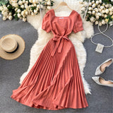 Vintage French Short Sleeve Women Dress Square Collar High Waist Belt Pleated Dresses Female Elegant Clothes Summer Coisini