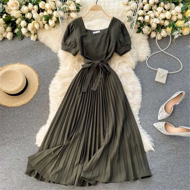 Vintage French Short Sleeve Women Dress Square Collar High Waist Belt Pleated Dresses Female Elegant Clothes Summer Coisini
