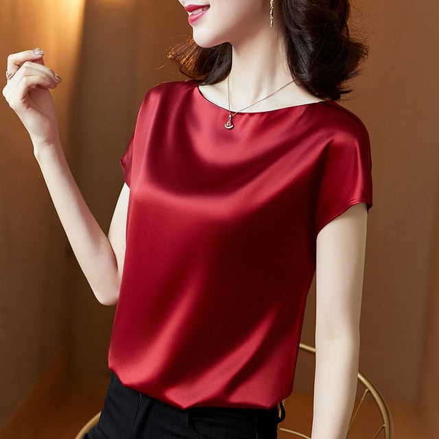 Office Lady Tops Summer Short Sleeve Blouses Satin Blouse Women Shirts Fashion Simple Solid Plus Size Loose Shirt Blusas