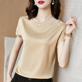 Office Lady Tops Summer Short Sleeve Blouses Satin Blouse Women Shirts Fashion Simple Solid Plus Size Loose Shirt Blusas