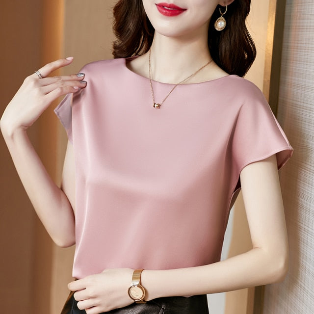 Office Lady Tops Summer Short Sleeve Blouses Satin Blouse Women Shirts Fashion Simple Solid Plus Size Loose Shirt Blusas
