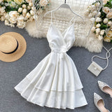 Summer Spring Beach Holiday V-Neck Backless Lace Up Ruffles Cakes Solid Elegant Women Lady A-line High Waist Dress
