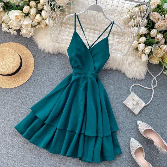 Summer Spring Beach Holiday V-Neck Backless Lace Up Ruffles Cakes Solid Elegant Women Lady A-line High Waist Dress