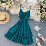 Summer Spring Beach Holiday V-Neck Backless Lace Up Ruffles Cakes Solid Elegant Women Lady A-line High Waist Dress