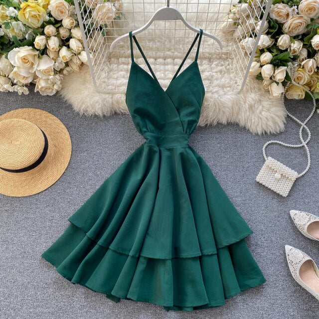Summer Spring Beach Holiday V-Neck Backless Lace Up Ruffles Cakes Solid Elegant Women Lady A-line High Waist Dress