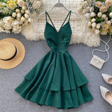 Summer Spring Beach Holiday V-Neck Backless Lace Up Ruffles Cakes Solid Elegant Women Lady A-line High Waist Dress