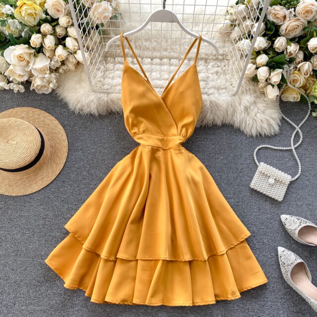 Summer Spring Beach Holiday V-Neck Backless Lace Up Ruffles Cakes Solid Elegant Women Lady A-line High Waist Dress