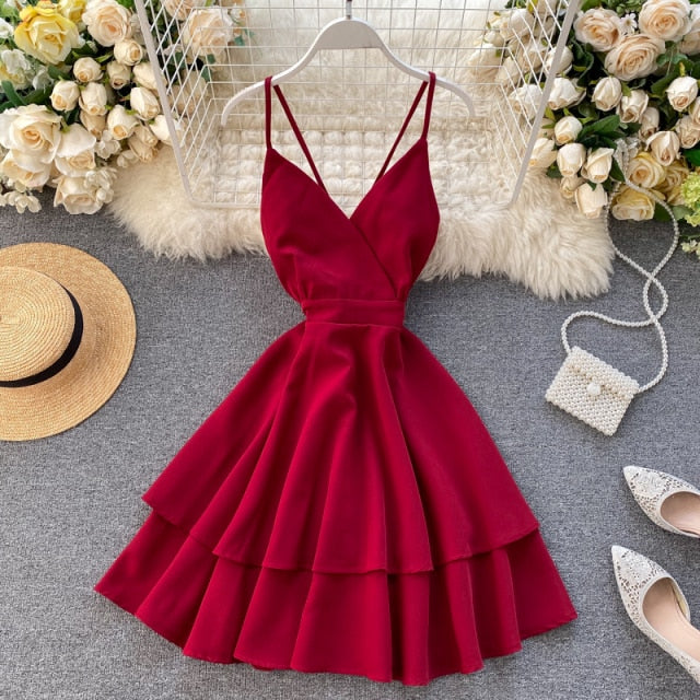Summer Spring Beach Holiday V-Neck Backless Lace Up Ruffles Cakes Solid Elegant Women Lady A-line High Waist Dress