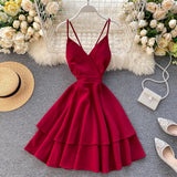 Summer Spring Beach Holiday V-Neck Backless Lace Up Ruffles Cakes Solid Elegant Women Lady A-line High Waist Dress