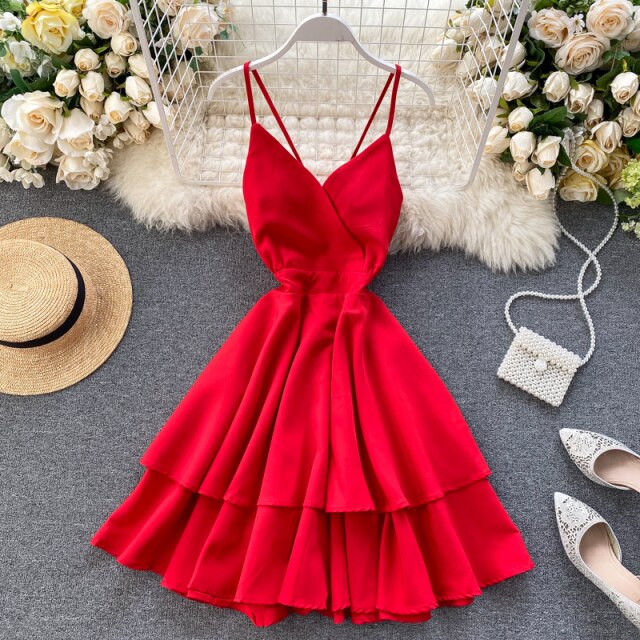 Summer Spring Beach Holiday V-Neck Backless Lace Up Ruffles Cakes Solid Elegant Women Lady A-line High Waist Dress