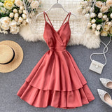 Summer Spring Beach Holiday V-Neck Backless Lace Up Ruffles Cakes Solid Elegant Women Lady A-line High Waist Dress