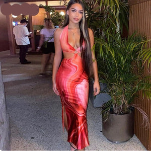 goosudu Tie Dye Summer Dress Women Waist Cut Out Backless Halter Robe Festival Clubwear Bodycon Sexy Party Maxi Dresses