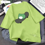 Skateboard Frog Dinosaur Cute Graphic Tee Women Tshirt Green Aesthetic Oversized T Shirt Harajuku Casual Summer Tops